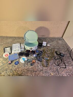 bulk costume jewelry lot With Box Includes Key Chains, Watches, Buttons And More